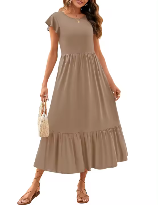 Ds casual plisado con cuello redondo para mujer, ds de color sólido con bolsillos - 1