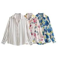 OUWU- Bazaleas Store Camisas y blusas elegantes Traf Camisa linda con estampado floral para mujer Blusa oficial con botones de satén - details 0