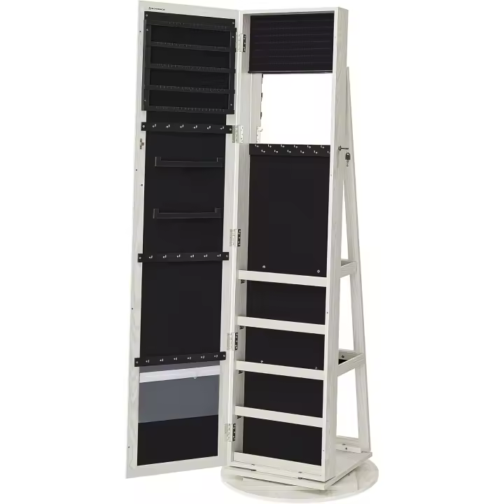 Joyero, Armario para Joyas Independiente con Espejo Entero, Giro de 360 ° , con Estante y Llave, para Dormitorio, Idea de Regalo, Blanco con Vetas de Gris Claro JBC62W - 1