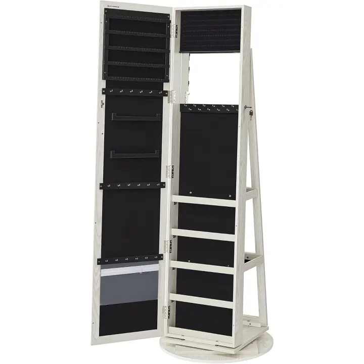 Joyero, Armario para Joyas Independiente con Espejo Entero, Giro de 360 ° , con Estante y Llave, para Dormitorio, Idea de Regalo, Blanco con Vetas de Gris Claro JBC62W - 1
