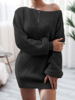 Vestido suéter ose de manga g para mujer con cuello oblicuo, minivestido de punto informal, color sólido, - details 15