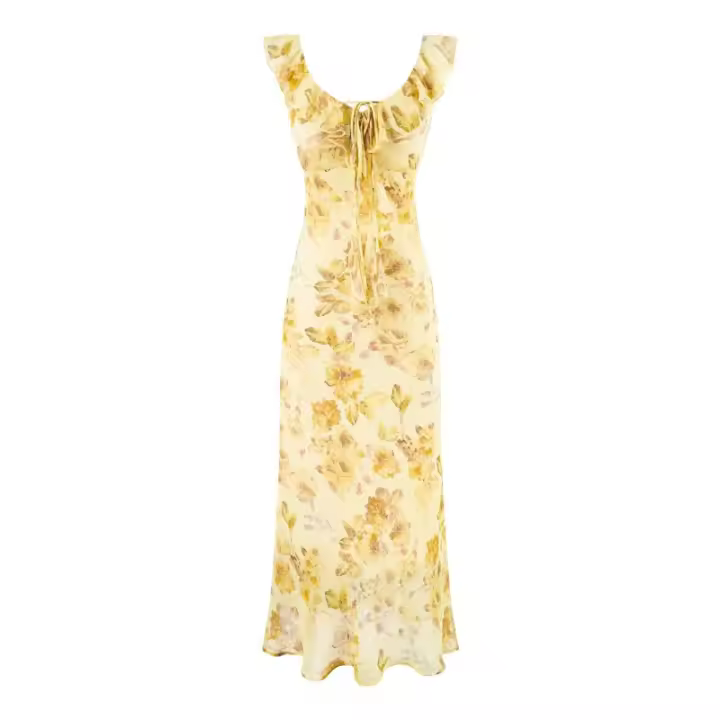 Vestido largo de gasa con volantes, cordón y estampado francés estilo retro de verano, entallado, ideal para vacaciones. - 1