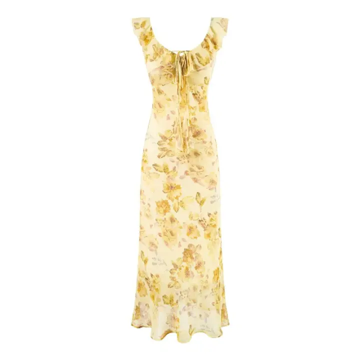 Vestido largo de gasa con volantes, cordón y estampado francés estilo retro de verano, entallado, ideal para vacaciones. - 1