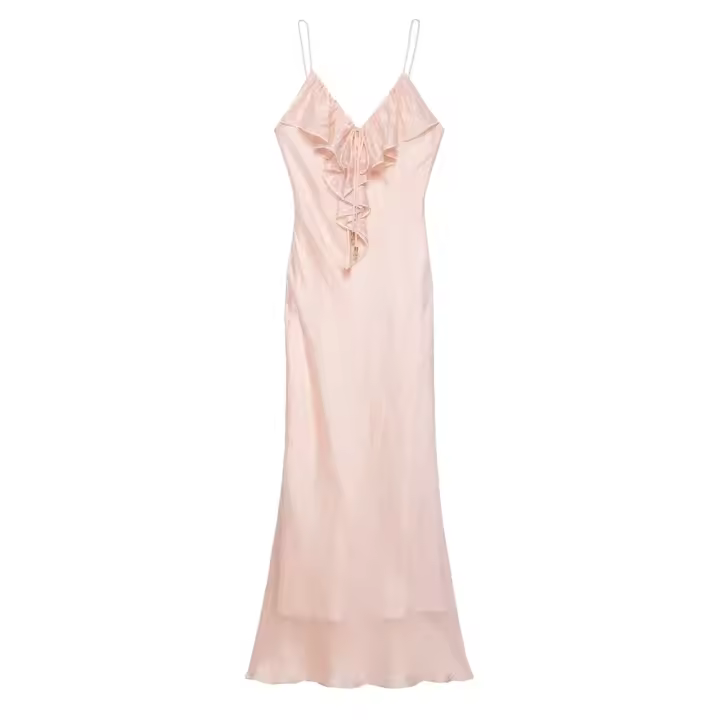 PB & ZA2025 vestido decorativo en capas con cuello en V ajustado temperamento Estilo de vacaciones falda larga novedad de verano llegada ropa de mujer - 1