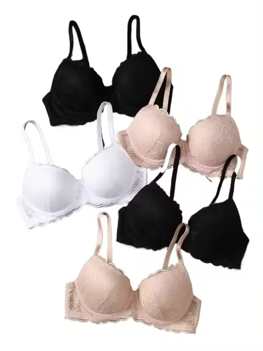 Sujetadores Push Up De Encaje De Contraste, Sujetador Íntimo Cómodo Y Transpirable, Lencería Y Ropa Interior para Mujer, 5 piezas - 1