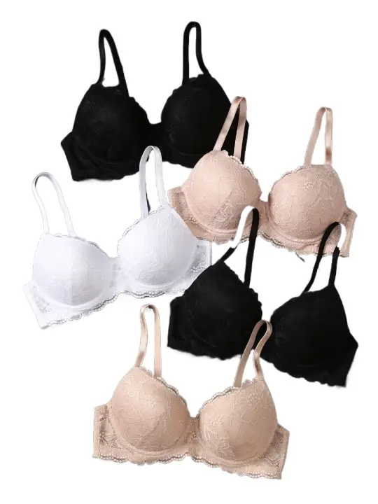 Sujetadores Push Up De Encaje De Contraste, Sujetador Íntimo Cómodo Y Transpirable, Lencería Y Ropa Interior para Mujer, 5 piezas - 1