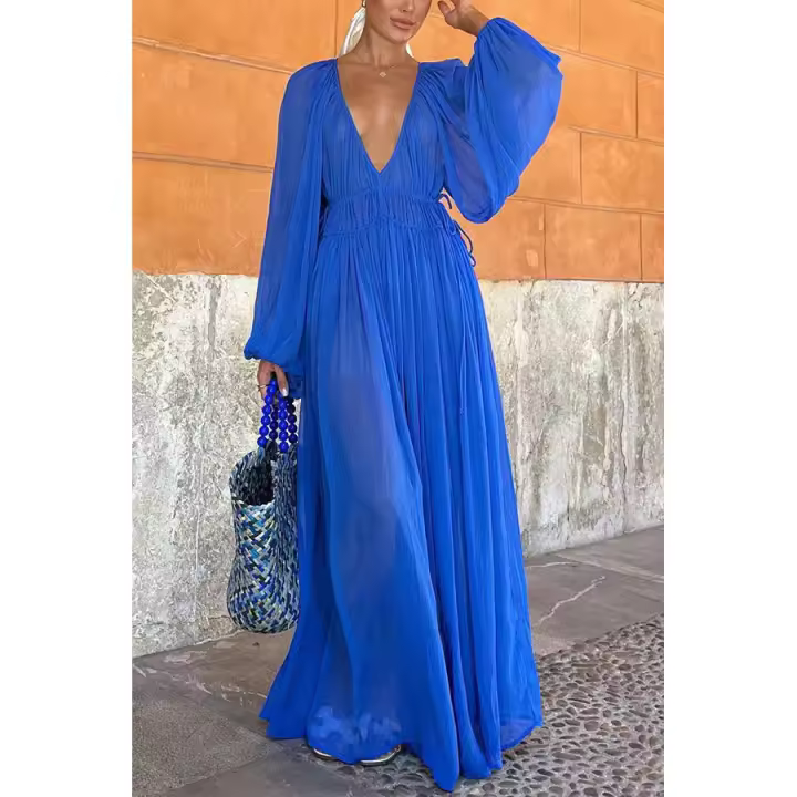 Europa, América primavera y otoño nuevo vestido de gasa de fiesta INS Vestido de manga larga para mujeres de vacaciones sueltas - 1