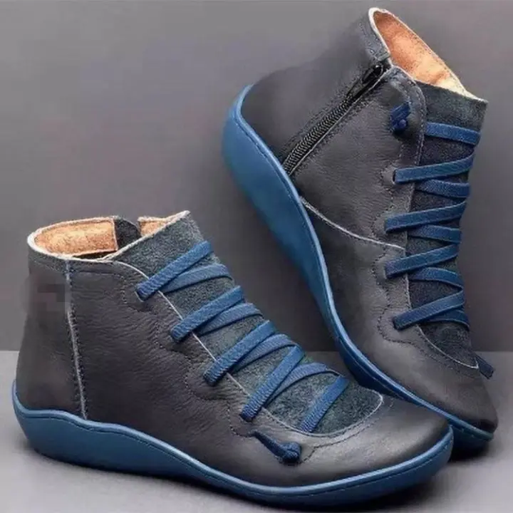 Botas de nieve para mujer, botines planos de piel auténtica, con cordones, estilo vintage, para primavera e invierno, 2022 - 1