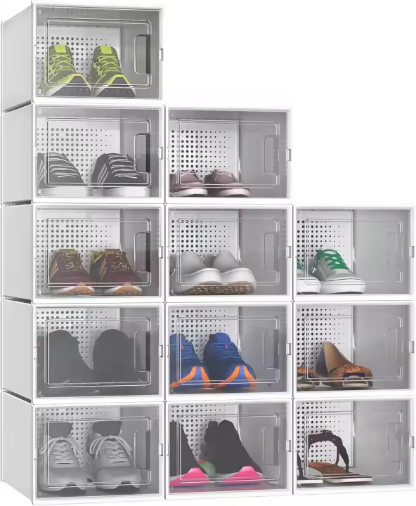 Organizador de Zapatos de Plástico Transparente con Puerta 12 Set, Plegable y Apilable, Tamaño 35,7 x 27,6 x 20,8cm Negro - 1