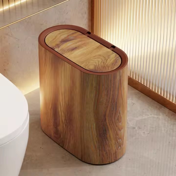 Cubo de Basura de Baño con Tapa Diseño de Madera de Mármol Cesta de Basura Estrecha Moderna para el Hogar - 1