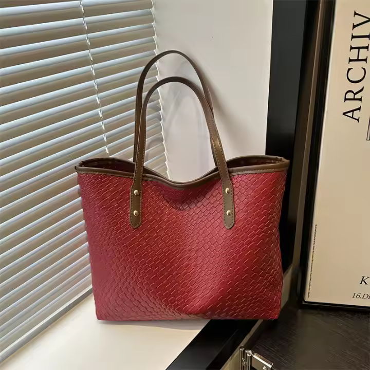 Bolso de mano para mujer con textura retro, bolso de mano de gran capacidad con patrón tejido, para ir al trabajo, novedad de 2025 - 1