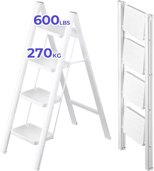 Escalera Plegable de 4 Peldaños Escalera de Acero con Alfombrilla Antideslizante para el Hogar y la Oficina Blanco - 1