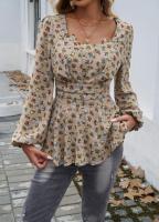 Top floral de manga larga para mujer, camiseta elegante con cuello cuadrado para ropa juvenil - details 11