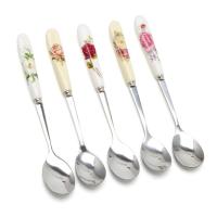 Cuchara de café de cerámica con flores rosas, cuchara de helado de acero inoxidable para cocina y comedor, cucharadita de postre - details 0
