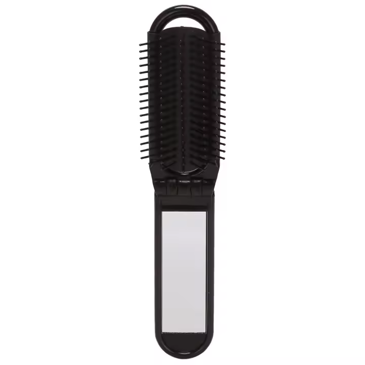 Cepillo de pelo plegable de viaje portátil con espejo, peine compacto de bolsillo, color negro - 1