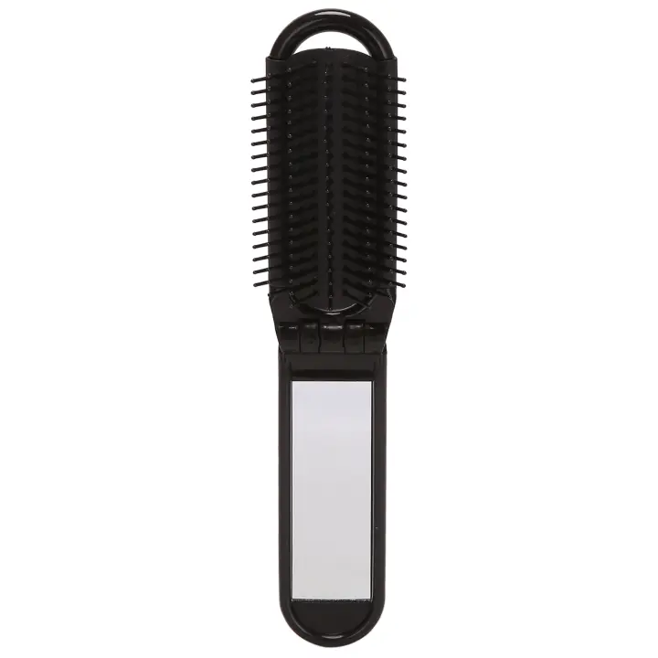 Cepillo de pelo plegable de viaje portátil con espejo, peine compacto de bolsillo, color negro - 1