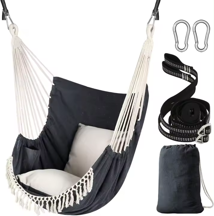 Silla hamaca colgante con 2 cojines de asiento incluidos, correas de cincha fuertes y ganchos para colgar fácilmente, silla colgante de tejido de algodón suave, bolsillo lateral, juego de silla - 1