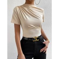 Camiseta ajustada de cuello alto para mujer, Top fruncido de manga corta elegante, ropa de primavera y verano - details 1