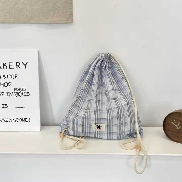 Bolso con cordón a cuadros coreanos Vintage, mochila ligera Y2k estética a cuadros, mochilas escolares informales para estudiantes Harajuku para senderismo - 1
