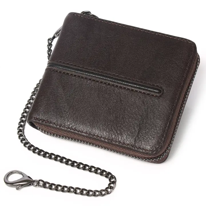 Cartera de cuero para hombre, Cartera con protección RFID, Monedero con cremallera, 9 ranuras para tarjetas, 2 ranuras para billetes, Estuche corto con cremallera, Cartera de cuero auténtico, Cartera con protección RFID, Cepillo antirrobo, Multifunción - 1