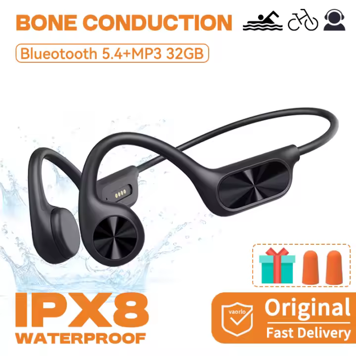 VAORLO Auriculares de conducción ósea para natación, audífonos inalámbricos con Bluetooth, reproductor MP3 impermeable IPX8 con memoria de 32G, Hifi, gancho para la oreja, deportivos - 1