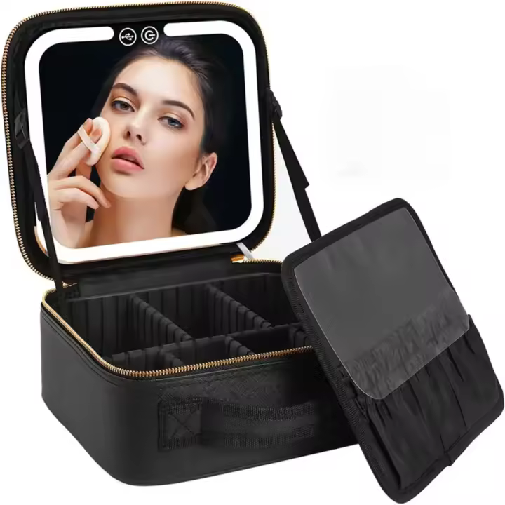 Estuche de maquillaje de viaje con luz LED, estuche de maquillaje con espejo y 3 configuraciones de color, organizador de caja - 1