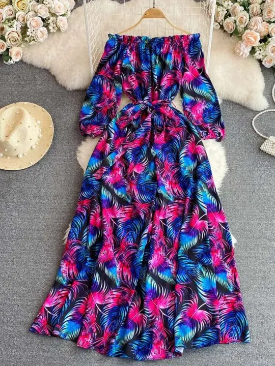 Mujer de playa estampada con hombros descubiertos, largo informal retro de primavera y verano - 1