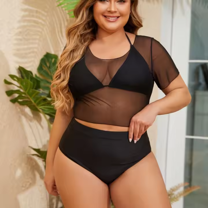 Conjunto de Bikini Grande sin Tirantes de Color Sólido Sexy de Nuevo Estilo de Verano 2025 con Sobreponer de Seda Negra. - 1