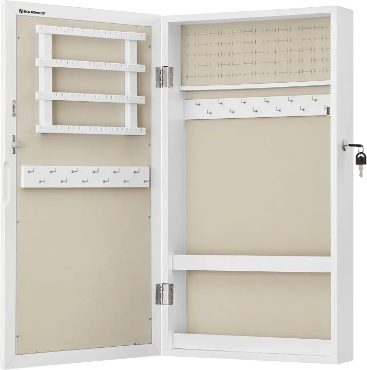 Armario Joyero de Pared, Armario de Joyas con Espejo, Organizador de Joyas para Ahorrar Espacio, Superficie Blanca y Forro Negro JBC51W - 1
