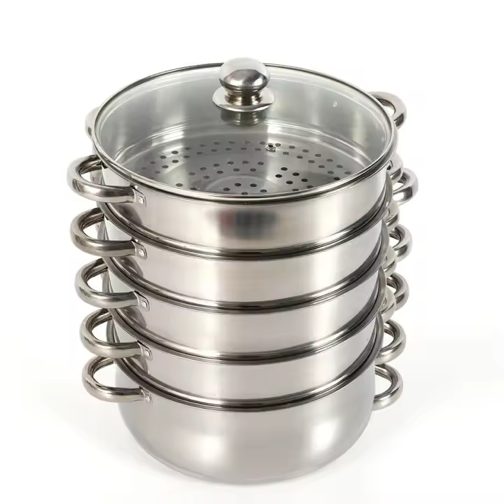 Vaporera de acero inoxidable de 5 niveles, olla de vapor para cocina de carne y verduras, con tapa de vidrio - 1