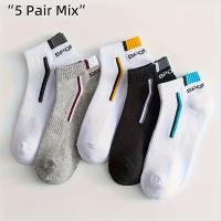 5pcs Calcetines Deportivos de Tobillo - Transpirables y Absorbentes de Humedad de Poliéster, Cortos con Patrón Deportivo de Letras, Ideales para Hombres y Mujeres, Solo Lavado a Mano, Calcetines Deportivos de Tobillo | Calcetines de Colores - details 0