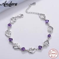 Andara Pulsera de Amor Elegante de Plata Esterlina Amatista Morada Doble Corazón - details 0