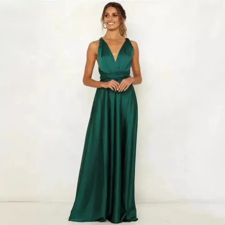 Vestido largo de seda de Color sólido profundo de Amazon, vestido de noche sin mangas de nuevo estilo de verano para mujer para banquetes - 1