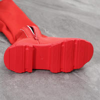 Botas de cuero por encima de la rodilla para mujer, zapatos de tacón grueso de punto rojo, terciopelo cálido, punta redonda, transpirables, talla grande, invierno, 2023 - details 1