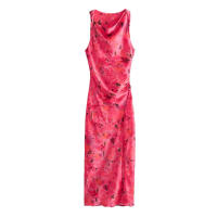 TRAFZA-Vestido largo sin mangas para mujer, prenda Sexy con cuello redondo, dobladillo con abertura, estampado elegante, para fiesta en la playa, Verano - details 1