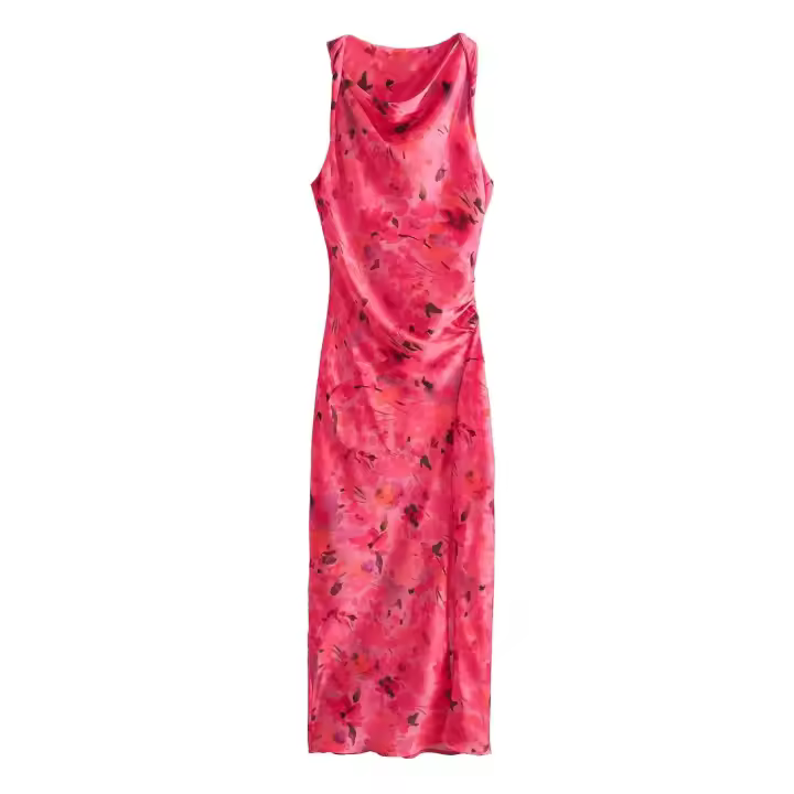 TRAFZA-Vestido largo sin mangas para mujer, prenda Sexy con cuello redondo, dobladillo con abertura, estampado elegante, para fiesta en la playa, Verano - 1