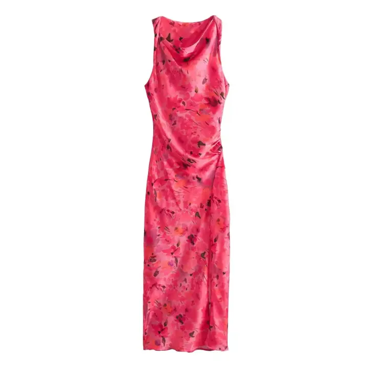 TRAFZA-Vestido largo sin mangas para mujer, prenda Sexy con cuello redondo, dobladillo con abertura, estampado elegante, para fiesta en la playa, Verano - 1