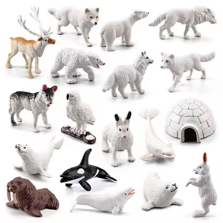 Juego de figuras de animales del Ártico Polar de 18 Uds., incluye lobo blanco, búho blanco, conejo ártico blanco, Husky ártico y Igloo, modelo Animal de simulación, regalo para niños - 1
