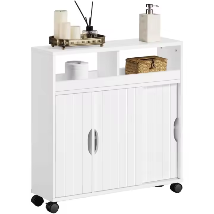 Mueble de Baño de Madera Lacada Estante de Almacenamiento de Suelo Estrecho con Puertas Correderas - 1