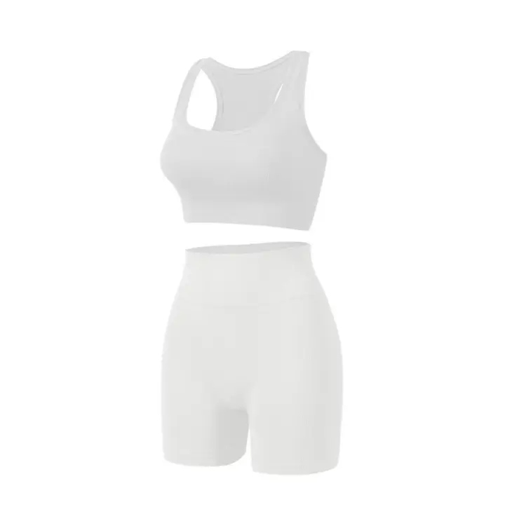 Chándal acanalado de cuello redondo para gimnasio, Sujetador deportivo corto de cintura alta, conjunto activo a juego, trajes de entrenamiento sin costuras, 2 piezas - 1
