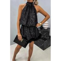 Vestido de noche para mujer, estilo halter, sin espalda, vestido corto de lentejuelas brillantes con plumas para fiesta, club, verano - details 7
