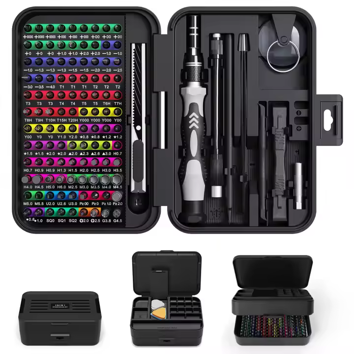 Mini juego de destornilladores de precisión con identificación codificada en color, kits de herramientas de reparación micromagnéticas 132 en 1 con caja de almacenamiento, 108 bits, pequeños kits de herramientas de destornillador manual para iPhone/Mac/iP - 1