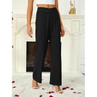 Acampanado para mujer, botones cruzados lisos, pierna recta, cintura alta, pantalones casuales de algodón elástico cómodo - details 1