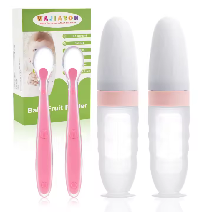 Set de 4 Cucharas de Alimentación para Bebé de Silicona Cucharas de Alimentación de Saco de 3oz con Ventosa para Niños Niñas Botella de Alimentación Autocomprable Rosa Sakura - 1
