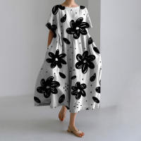 Novedad de verano, vestido elegante Vintage estampado de manga corta con cuello redondo, vestidos largos informales holgados con bolsillos y temperamento - details 4