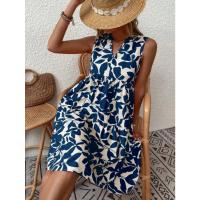 Mini vestido con estampado de señoras, vestido sin mangas elegante con borde de volantes con cuello en V, vestido sin mangas suelto informal de fiesta en la playa de gran tamaño - details 1