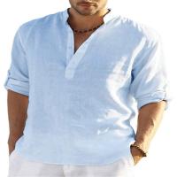 Camiseta Henley de lino y algodón para hombre, camisa de manga larga, Hippie, informal, para playa, color blanco, talla S-5XL - details 7