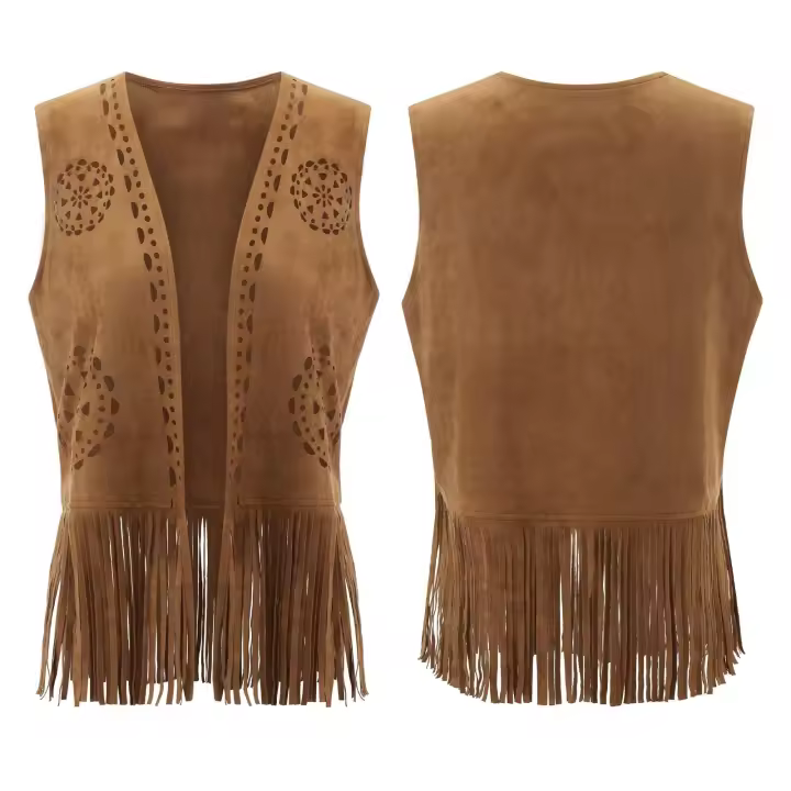 Puloru - Chaleco de mujer de ante sintético con borlas, chaqueta hippie casual sin mangas con borlas en la abertura delantera, Western - 1