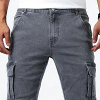 Jeans de Cargo de Denim Pantalones Casuales para Hombres de Cintura Media, Ajuste Delgado, Múltiples Bolsillos, Color Sólido - details 12