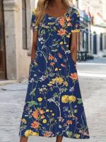 Vestido midi elegante con estampado floral para mujer, cintura alta, cuello redondo, línea a, Verano - details 3
